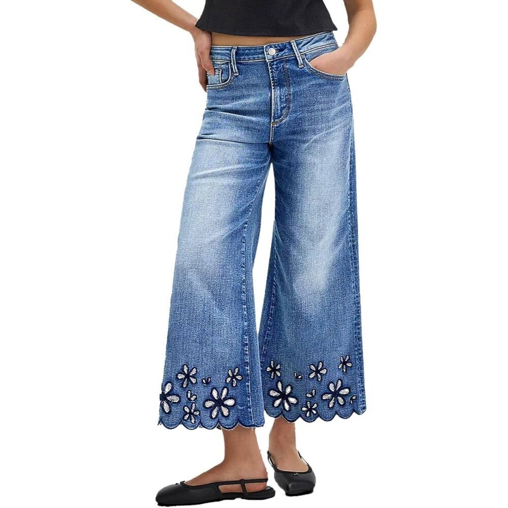Women's Wide Leg Jeans Floral Embroidered Mid Rise Casual Denim Pants